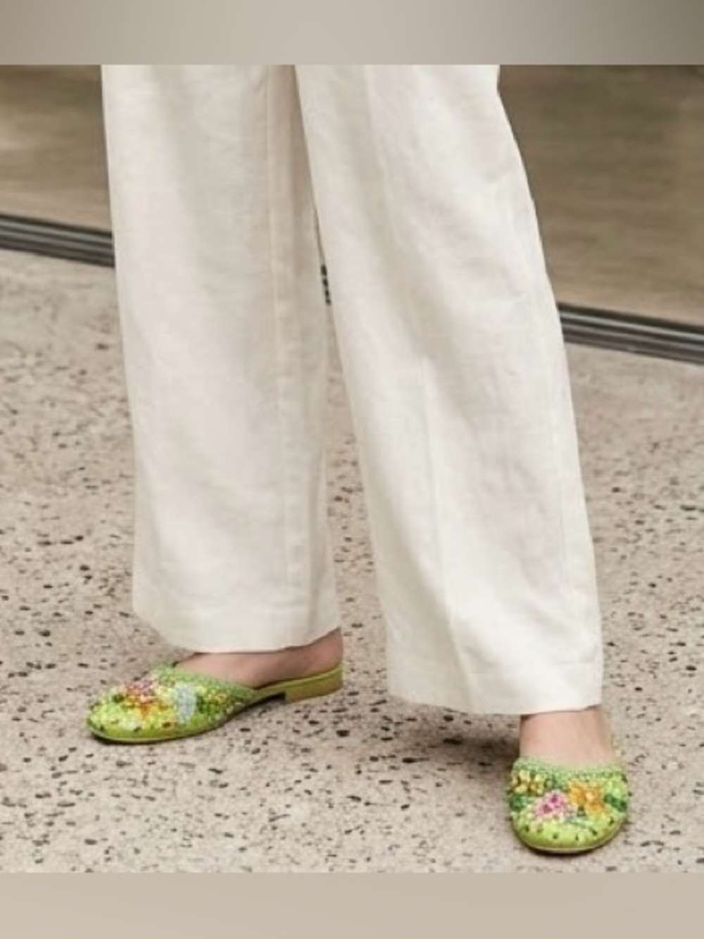 Vintage Majestic Lime Green Beaded & Sequined Floral Slippers Mules Size 7-7.5